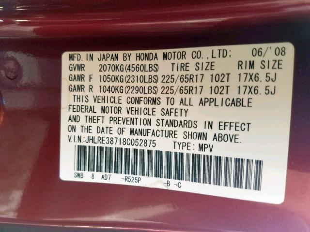 JHLRE38718C052875 - 2008 HONDA CR-V EXL RED photo 10