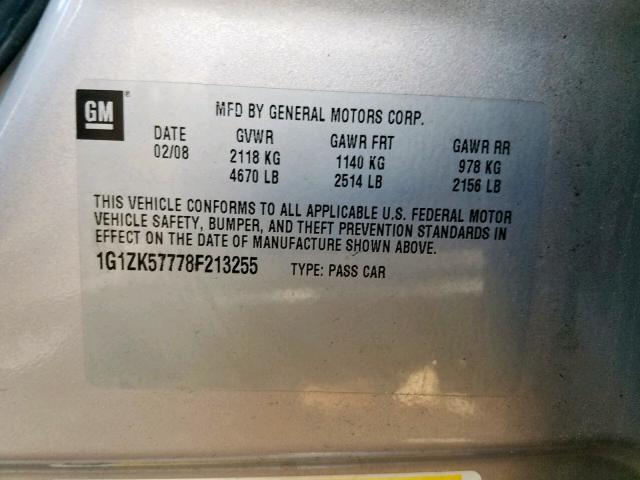 1G1ZK57778F213255 - 2008 CHEVROLET MALIBU LTZ ვერცხლისფერი ფოტო 10
