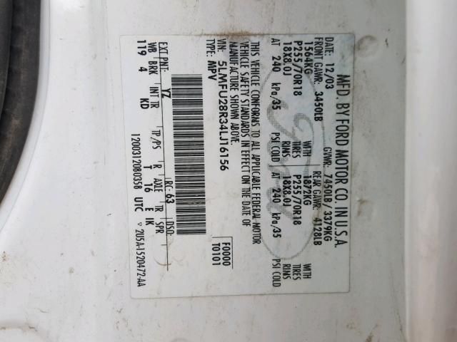 5LMFU28R34LJ16156 - 2004 LINCOLN NAVIGATOR 白色 照片 10