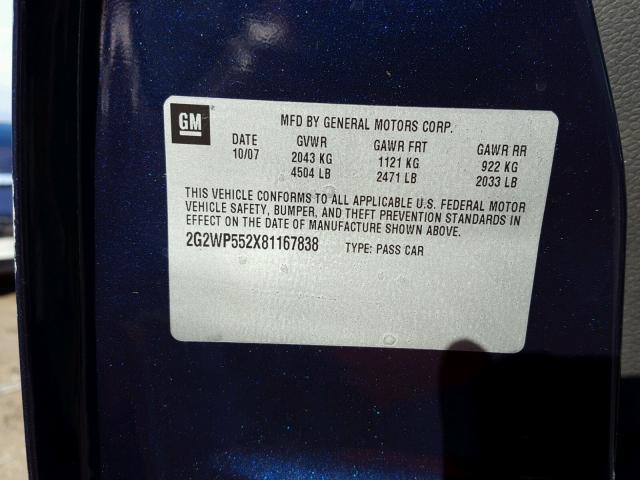 2G2WP552X81167838 - 2008 PONTIAC GRAND PRIX BLUE photo 10