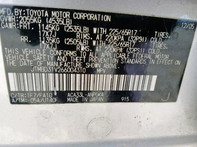 JTMBD31V266004310 - 2006 TOYOTA RAV4 LIMIT SILVER photo 10