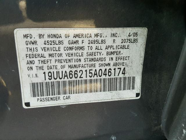 19UUA66215A046174 - 2005 ACURA TL GRAY photo 10