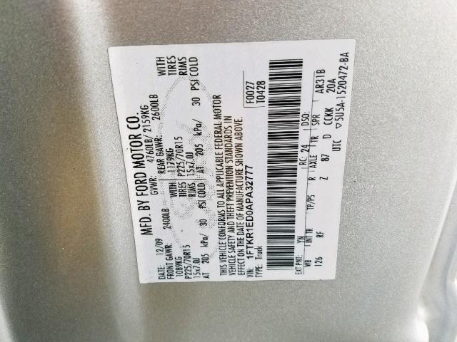 1FTKR1ED0APA32777 - 2010 FORD RANGER SUP SILVER photo 10