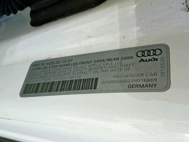 WAUMV44E07N016869 - 2007 AUDI A8 L QUATT WHITE photo 10