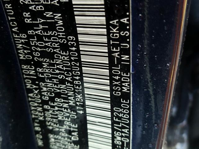 4T1BK1EB4GU210439 - 2016 TOYOTA AVALON XLE BLUE photo 10