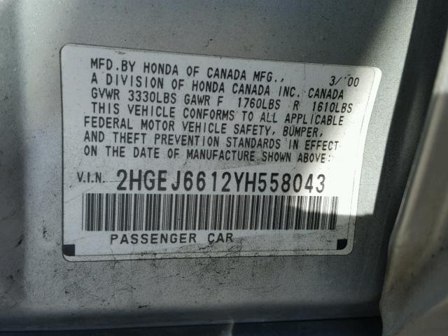 2HGEJ6612YH558043 - 2000 HONDA CIVIC BASE SILVER photo 10