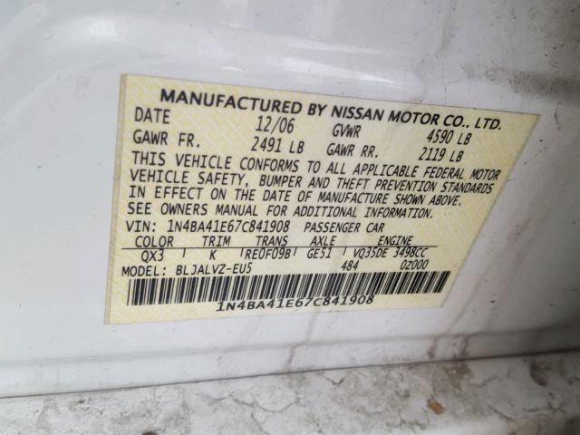 1N4BA41E67C841908 - 2007 NISSAN MAXIMA SE WHITE photo 10