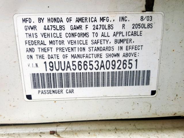 19UUA56653A092651 - 2003 ACURA 3.2TL WHITE photo 10