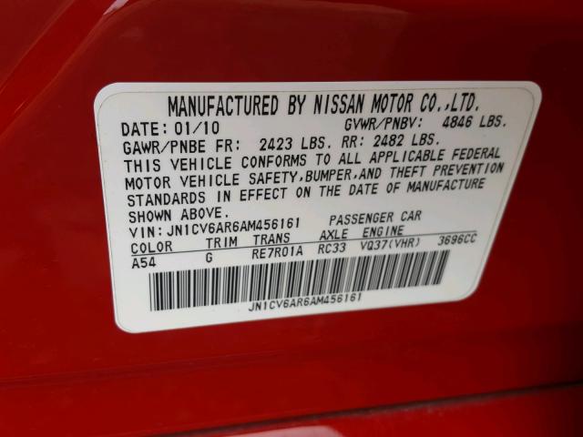 JN1CV6AR6AM456161 - 2010 INFINITI G37 RED photo 10