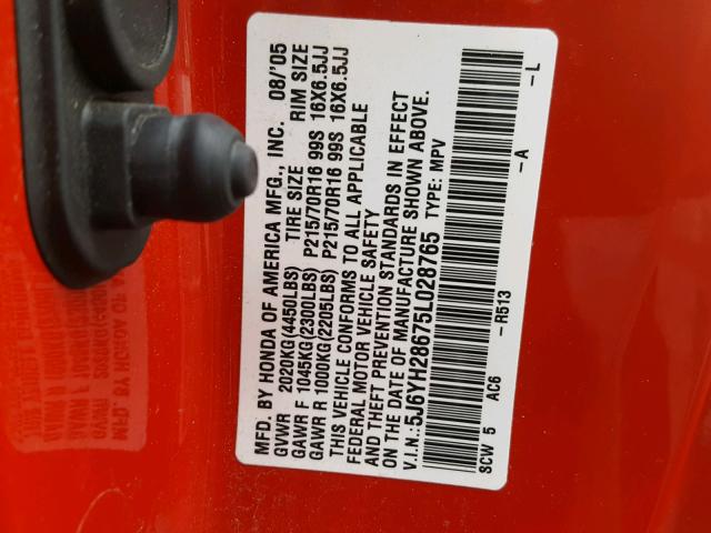 5J6YH28675L028765 - 2005 HONDA ELEMENT EX RED photo 10