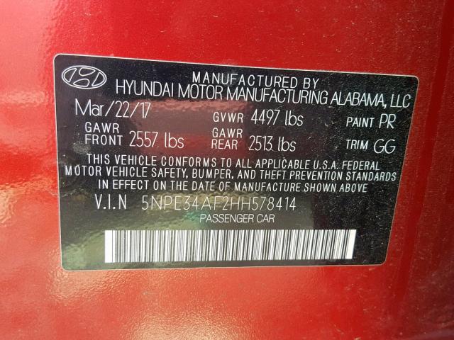 5NPE34AF2HH578414 - 2017 HYUNDAI SONATA SPO RED photo 10