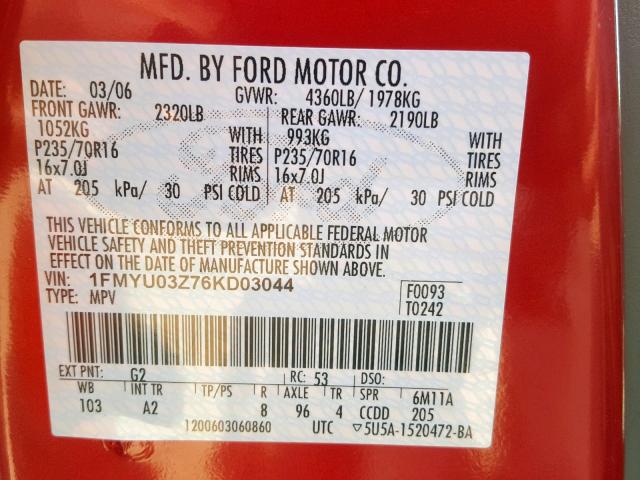 1FMYU03Z76KD03044 - 2006 FORD ESCAPE XLT RED photo 10