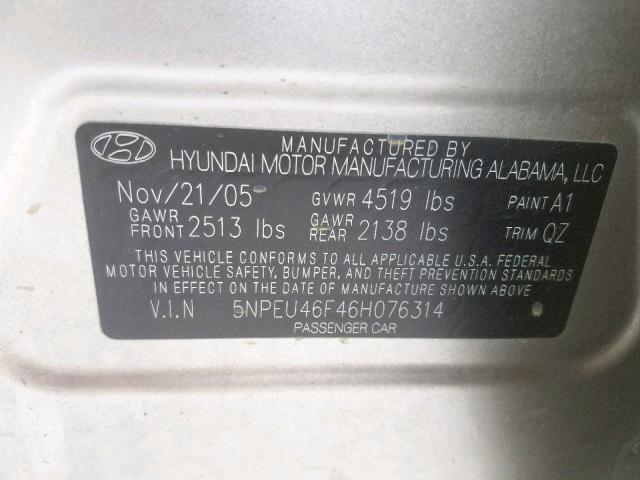 5NPEU46F46H076314 - 2006 HYUNDAI SONATA GLS GOLD photo 10