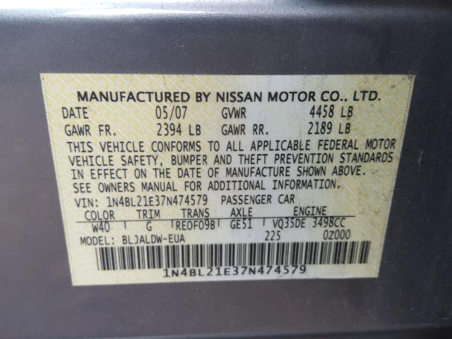 1N4BL21E37N474579 - 2007 NISSAN ALTIMA 3.5 SILVER photo 10