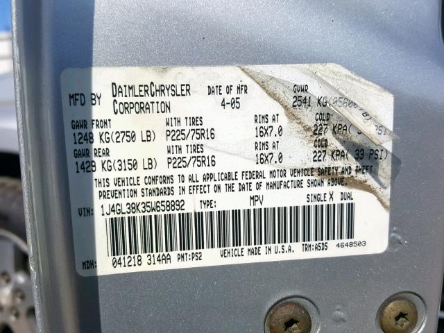 1J4GL38K35W658892 - 2005 JEEP LIBERTY RE SILVER photo 10