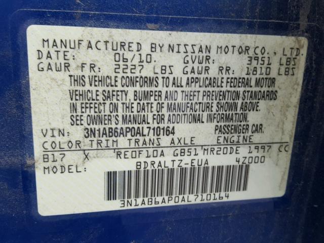 3N1AB6AP0AL710164 - 2010 NISSAN SENTRA 2.0 BLUE photo 10