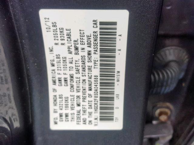 1HGCR2F85DA045688 - 2013 HONDA ACCORD EXL GRAY photo 10