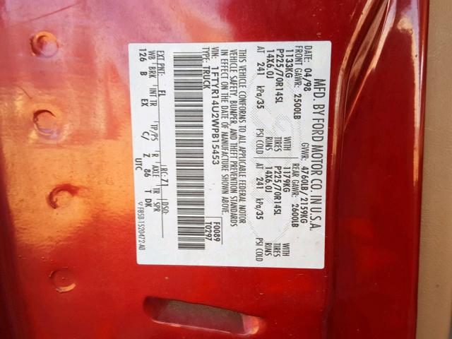 1FTYR14U2WPB15453 - 1998 FORD RANGER SUP RED photo 10