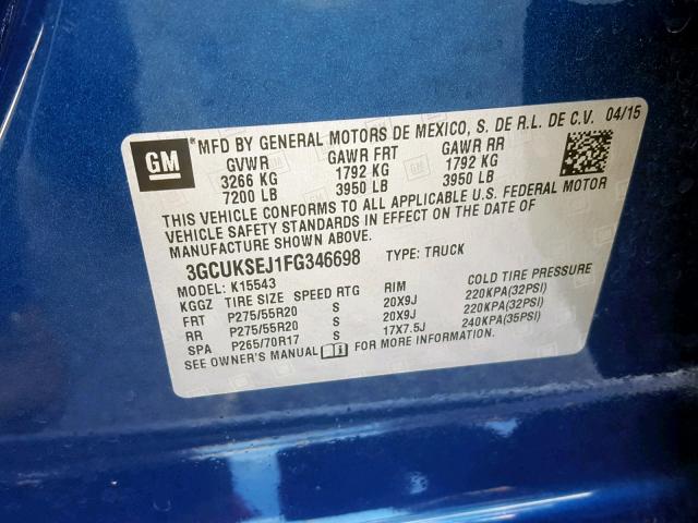 3GCUKSEJ1FG346698 - 2015 CHEVROLET SILVERADO BLUE photo 10