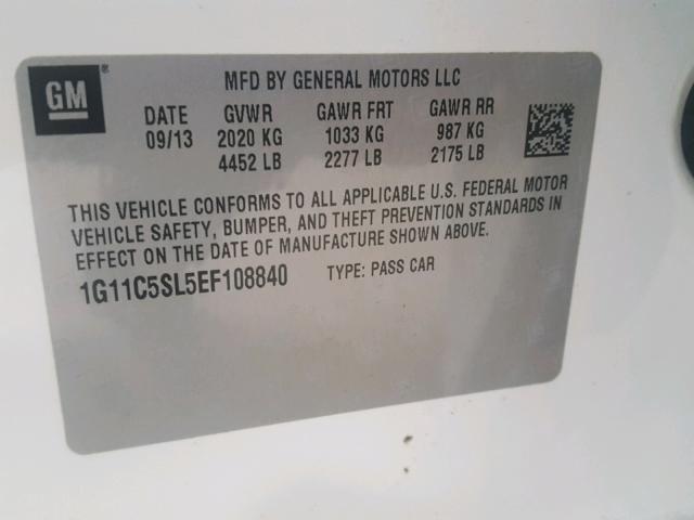 1G11C5SL5EF108840 - 2014 CHEVROLET MALIBU 1LT WHITE photo 10