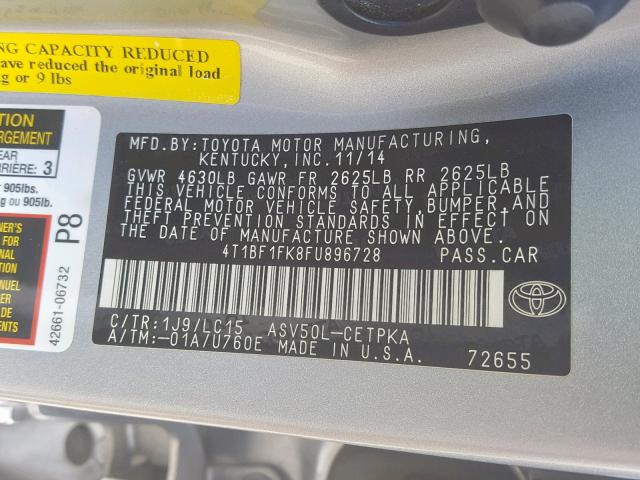 4T1BF1FK8FU896728 - 2015 TOYOTA CAMRY LE SILVER photo 10