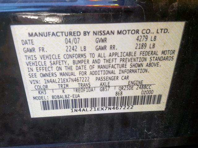 1N4AL21EX7N467222 - 2007 NISSAN ALTIMA 2.5 BLACK photo 10