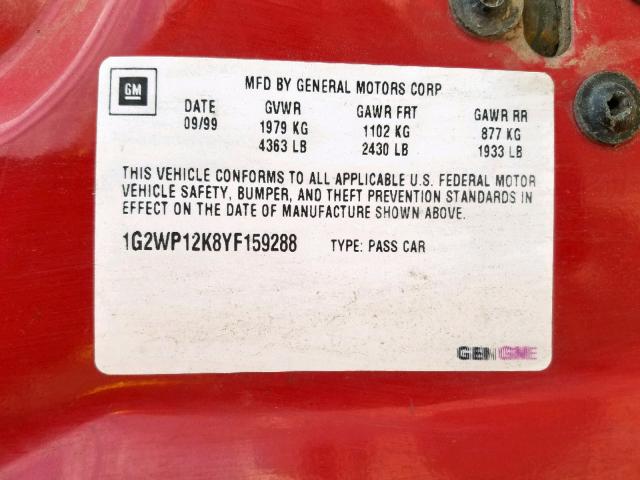 1G2WP12K8YF159288 - 2000 PONTIAC GRAND PRIX RED photo 10