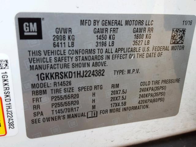 1GKKRSKD1HJ224382 - 2017 GMC ACADIA LIM WHITE photo 10