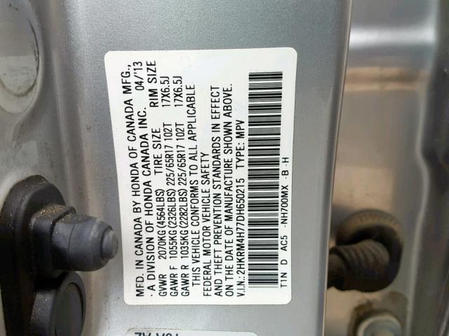 2HKRM4H77DH650215 - 2013 HONDA CR-V EXL SILVER photo 10