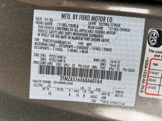 2FMZA516X6BA60164 - 2006 FORD FREESTAR S GRAY photo 10