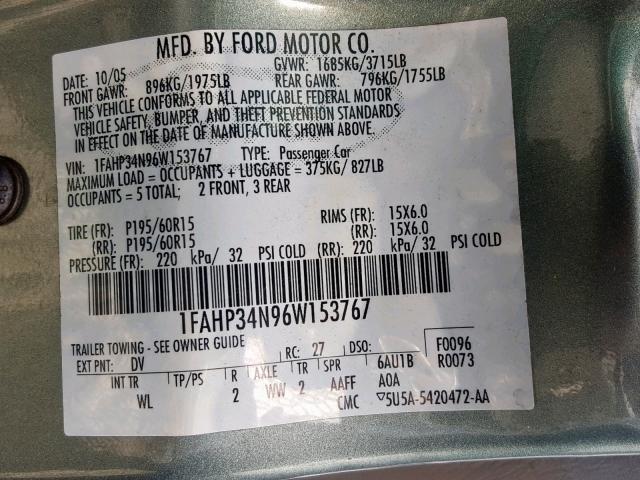 1FAHP34N96W153767 - 2006 FORD FOCUS ZX4 GREEN photo 10