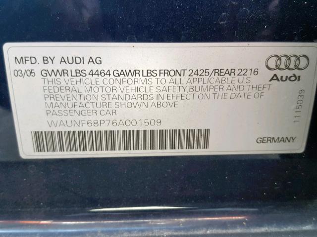 WAUNF68P76A001509 - 2006 AUDI A3 2.0 PRE BLUE photo 10