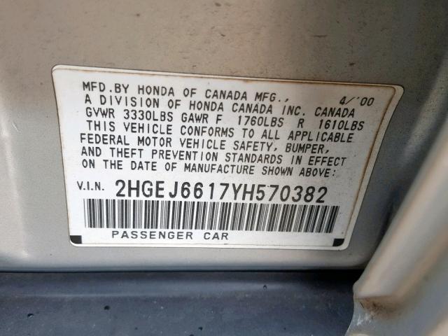 2HGEJ6617YH570382 - 2000 HONDA CIVIC BASE Gümüş foto 10