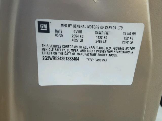 2G2WR524351333404 - 2005 PONTIAC GRAND PRIX ოქროსფერი ფოტო 10