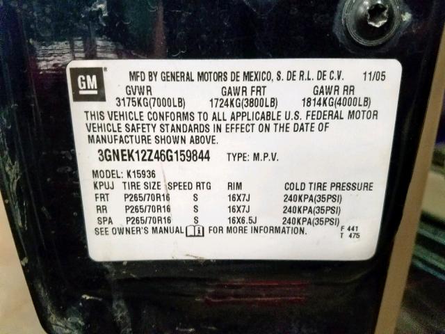 3GNEK12Z46G159844 - 2006 CHEVROLET AVALANCHE BLUE photo 10