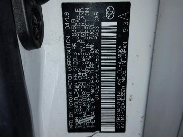 JTKDE167590278508 - 2009 TOYOTA SCION TC 白色 照片 10