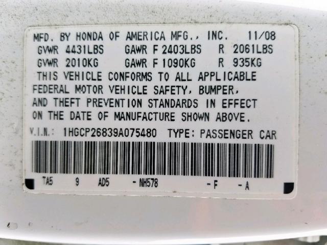 1HGCP26839A075480 - 2009 HONDA ACCORD EXL WHITE photo 10