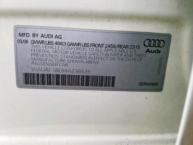 WAUAF78E66A236535 - 2006 AUDI A4 2 WHITE photo 10