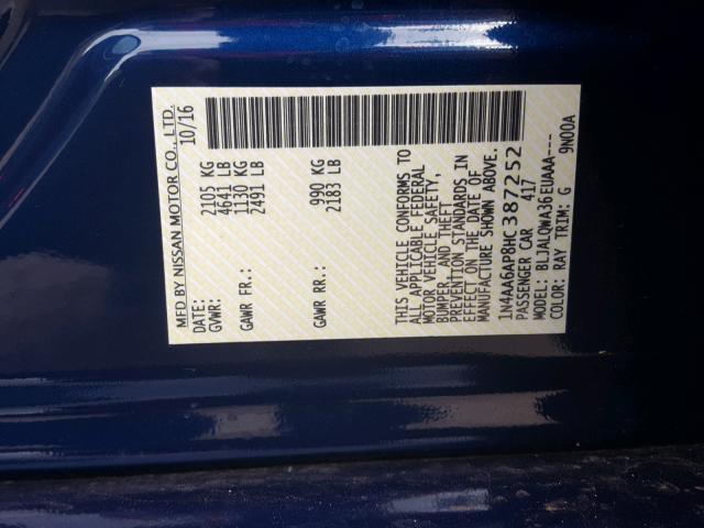 1N4AA6AP8HC387252 - 2017 NISSAN MAXIMA 3.5 BLUE photo 10