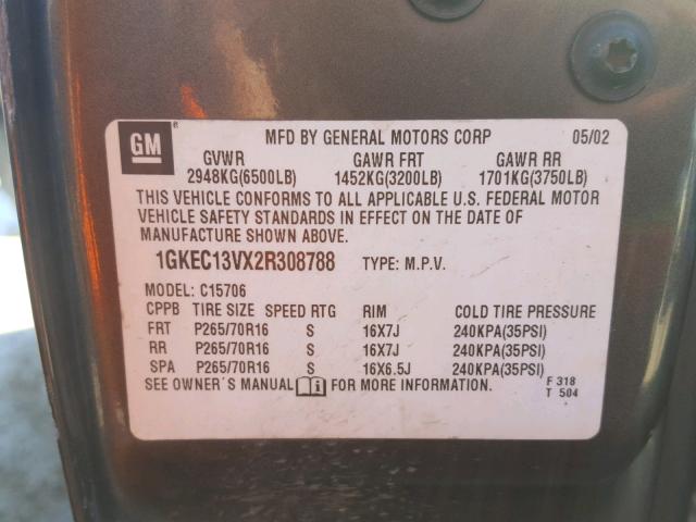 1GKEC13VX2R308788 - 2002 GMC YUKON GRAY photo 10