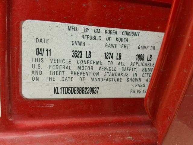 KL1TD5DE8BB239637 - 2011 CHEVROLET AVEO LS RED photo 10