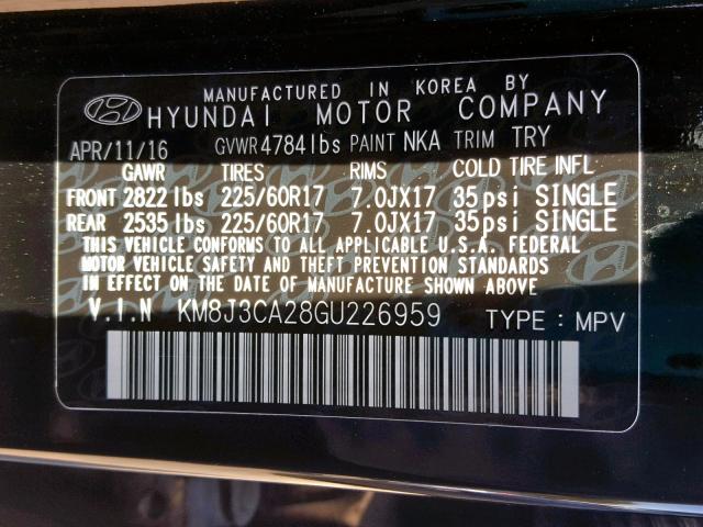 KM8J3CA28GU226959 - 2016 HYUNDAI TUCSON LIM BLACK photo 10