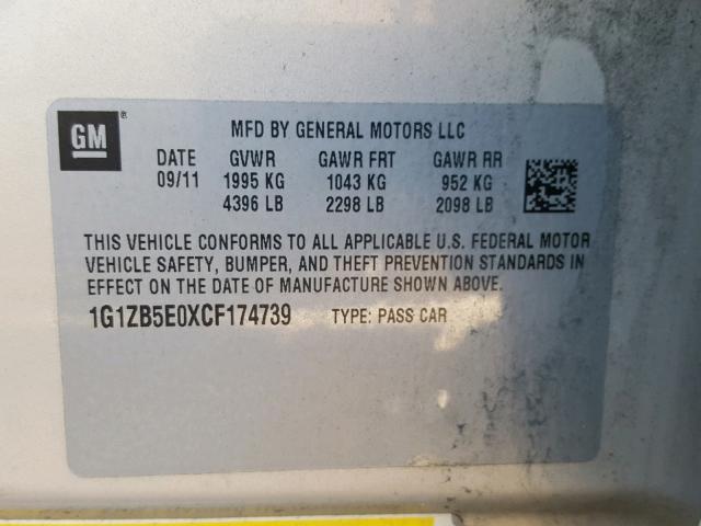 1G1ZB5E0XCF174739 - 2012 CHEVROLET MALIBU LS 金色 照片 10