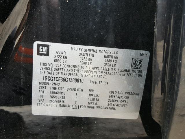 1GCGTCE36G1380010 - 2016 CHEVROLET COLORADO L BLACK photo 10