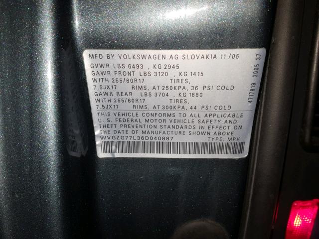 WVGZG77L36D040887 - 2006 VOLKSWAGEN TOUAREG 3. GRAY photo 10