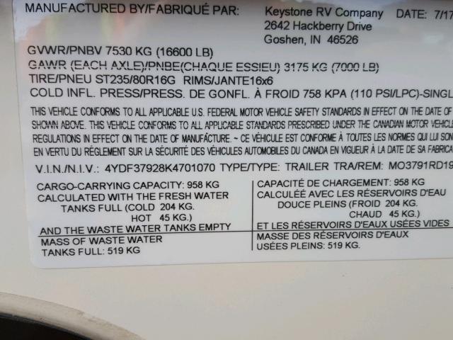 4YDF37928K4701070 - 2019 KEYSTONE MONTANA BEIGE photo 10