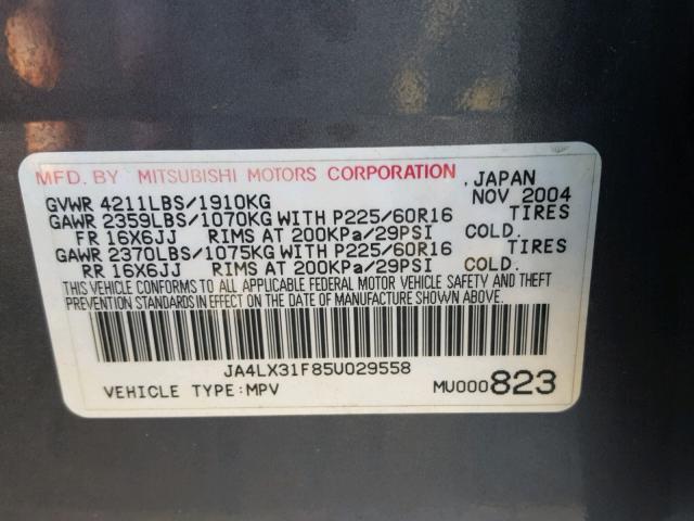 JA4LX31F85U029558 - 2005 MITSUBISHI OUTLANDER CHARCOAL photo 10