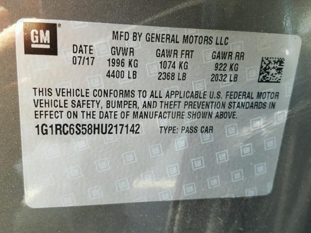 1G1RC6S58HU217142 - 2017 CHEVROLET VOLT LT GRAY photo 10