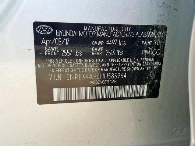 5NPE34AF6HH585964 - 2017 HYUNDAI SONATA SPO SILVER photo 10