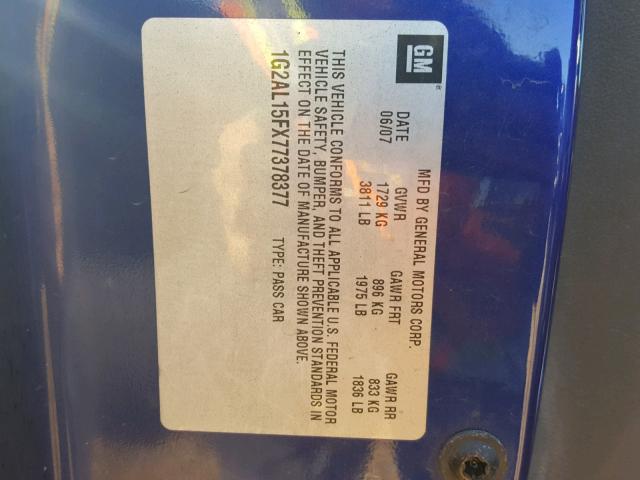 1G2AL15FX77378377 - 2007 PONTIAC G5 BLUE photo 10